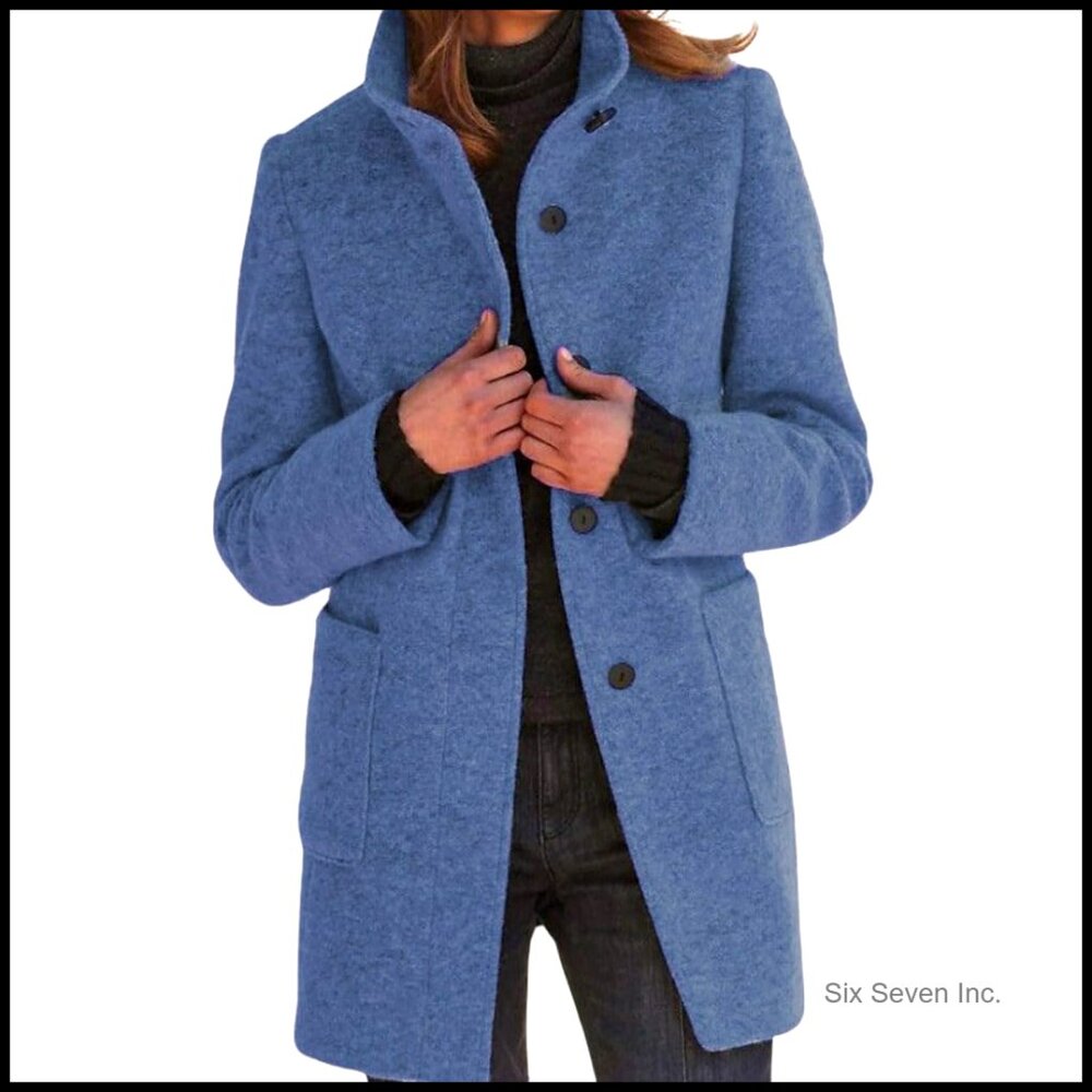 Wool Blend Pea Coat Long Blazer Jacket Winter Stand Collar